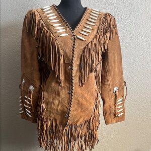 Brown Fringe Women's Leather Jacket size large